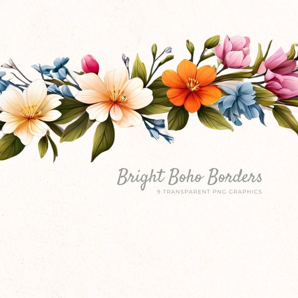 Colorful Flower Border Clipart, Vibrant Boho Watercolor Flowers, Instant Download Clip art, Spring Floral PNG