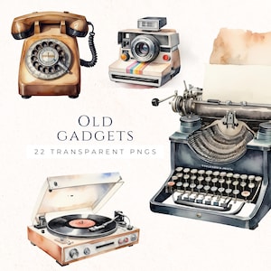 Conjunto de imágenes prediseñadas de tecnología vintage, gráficos de teléfonos retro, arte nostálgico de máquina de escribir, imagen de tocadiscos, material para álbumes de recortes