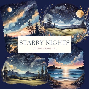 Imágenes prediseñadas de acuarela de noches estrelladas, imágenes PNG de paisajes de pradera con cielo nocturno, gráficos de descarga instantánea, uso comercial