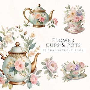 Ensemble de cliparts fleur thé tasse, théière vintage fleurs aquarelles, images de scrapbooking en téléchargement numérique, fournitures de fabrication de cartes, créations en papier