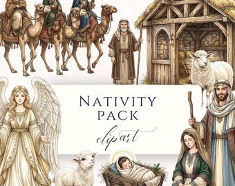 Paquete de imágenes prediseñadas de la Natividad, PNG cristiano, Tres Reyes Magos, Ilustración del pesebre, Descarga instantánea de suministros para manualidades