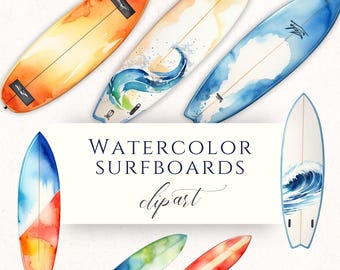 Conjunto de imágenes prediseñadas de tablas de surf en acuarela en formato PNG, gráficos de vacaciones en la playa para álbumes de recortes, tarjetas y manualidades con papel.