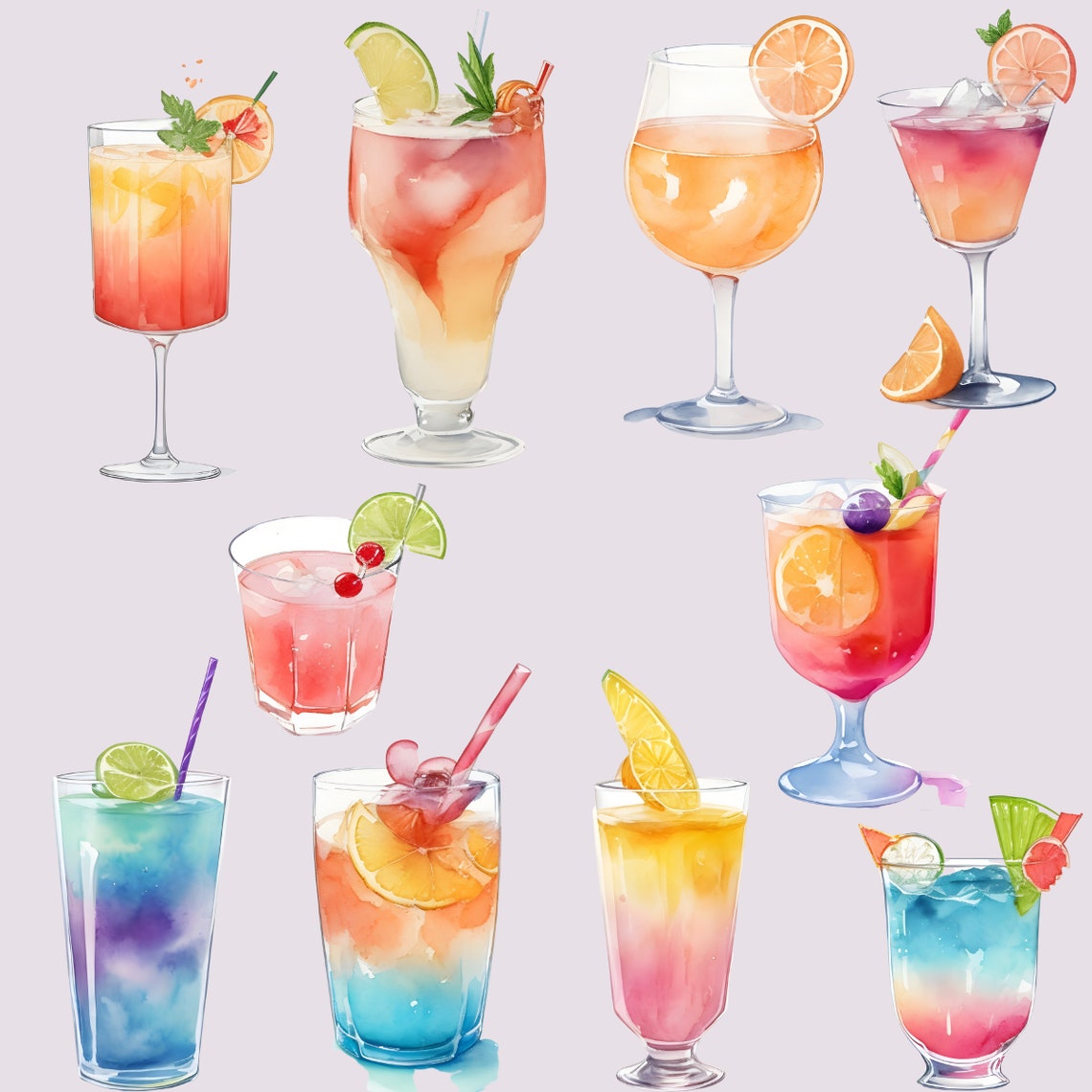 Colorful Summer Drinks Clip Art, Watercolor Cocktails, Instant Download ...