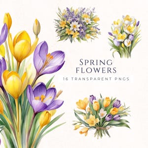 Spring Bouquet Clipart, Crocus and Daffodils Flowers, Yellow Crocuses, Watercolor Floral Clip Art, Floral PNG, Instant Download