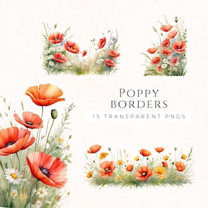 Aquarelle coquelicot bordure Clipart, téléchargement numérique Floral, Images de scrapbooking, graphiques PNG transparents, éphémères pour le Journal de la malbouffe