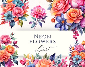 Neon Flower Watercolor Clipart PNG, Bright Bold Floral Graphics for Scrapbooking, Cardmaking and Paper Crafting