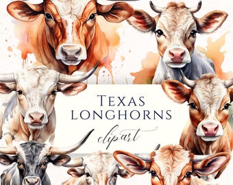 Texas Longhorn Cow Clipart PNG, Farmhouse Animal Graphics for Western Decor, Scrapbooking and Cardmaking