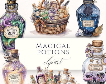 Halloween Potion Bottle PNG Pack, Magical Elixir Art, Sorcerer Supplies, Transparent Images