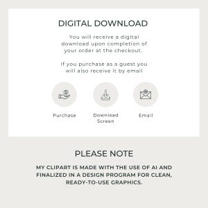 May include: A digital download graphic with the text "DIGITAL DOWNLOAD". The image includes icons for purchase, download screen, and email. The text also states that the clipart is made with AI and finalized in a design program for clean, ready-to-use graphics.