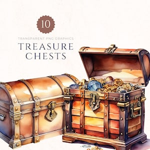 Ensemble de cliparts de coffre au trésor, graphiques de coffre de pirate, téléchargement numérique PNG, Images de scrapbooking, fournitures de fabrication de cartes, journalisation indésirable