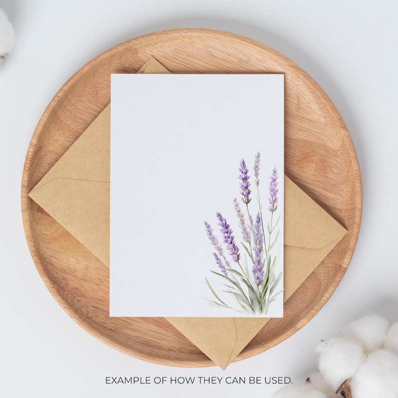 May include: A white card with a watercolor lavender design, resting on a brown envelope and a wooden plate. The text at the bottom reads, "EXAMPLE OF HOW THEY CAN BE USED."
