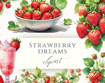 Imágenes prediseñadas de fresas en formato PNG, gráficos de frutas en acuarela, conjunto de ilustraciones de bayas de verano.
