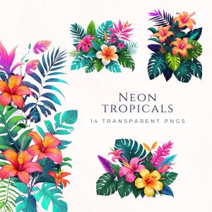 Ensemble de clipart néon tropical, téléchargement immédiat PNG, Images de scrapbooking, fournitures de fabrication de cartes, clipart verdure, créations en papier