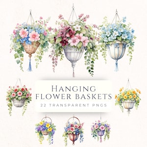 Watercolor Flower Basket Clipart, Hanging Flower Pot, Garden Clip Art, Scrapbooking Images, Junk Journaling, Crafting Supplies