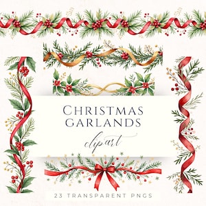 Può includere: Clipart di ghirlande natalizie ad acquerello con disegni festivi con nastri rossi, bacche di agrifoglio e rami sempreverdi. Il testo "Christmas Garlands" è visualizzato su sfondo bianco, insieme a "23 Transparent PNGs".