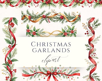 Christmas Garland Clipart PNG, Festive Holiday Border Graphics for Cardmaking, Scrapbooking and Paper Crafting