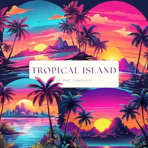 Île colorée des cliparts, Art tropical palmier des années 80, usage commercial fichiers PNG, clipart Nature pour scrapbooking