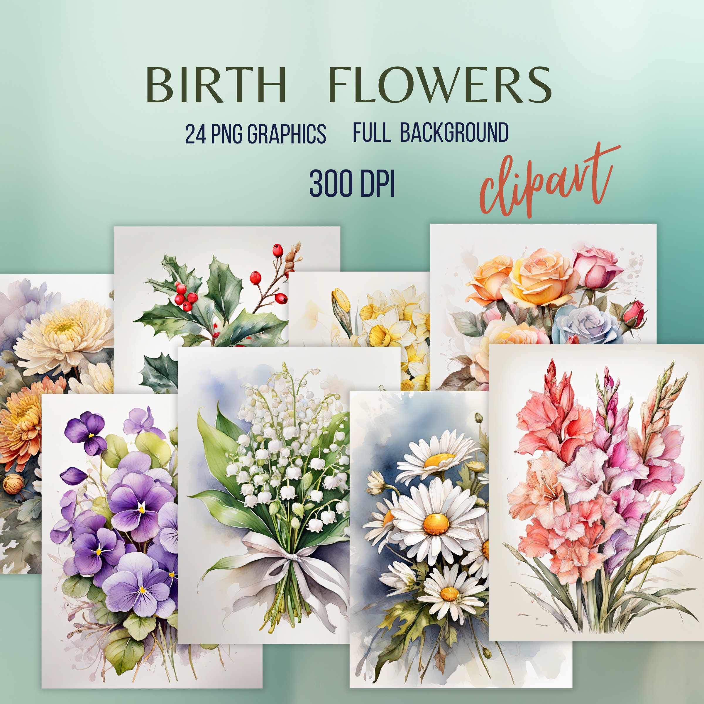 Watercolor Birth Month Flowers, Full Background Clipart, Instant