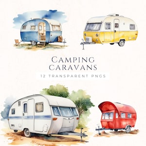 Watercolor Caravan Clipart, Camping Trailer Graphics, Vintage Camper PNG, Travel Clip Art, Instant Download, Commercial Use