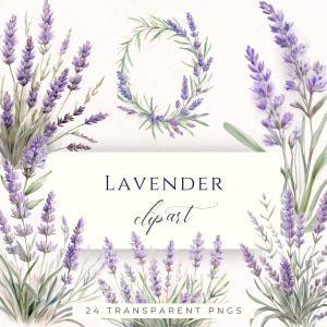 Lavender Clipart PNG, Purple Botanical Watercolor Graphics for Wedding Scrapbooking and Cardmaking image 1