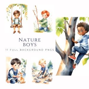 Jungen in der Natur Clipart, Aquarell Kinder, süße Kinder Sohn Clipart, Kinderzimmer Dekor, Kindergeburtstag