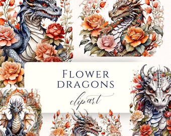 Flower Dragon Clipart PNG, Whimsical Mythical Graphics for Junk Journals, Scrapbooking and Cardmaking