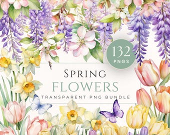 Paquete de imágenes prediseñadas PNG de flores de primavera en acuarela, gráficos florales de temporada, suministros para scrapbooking, creación de tarjetas, descarga digital instantánea.