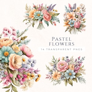 Blumenstrauß Clipart, Vintage Blumenmuster, Pastell Blumen, Sofort Download, Scrapbooking, PNG