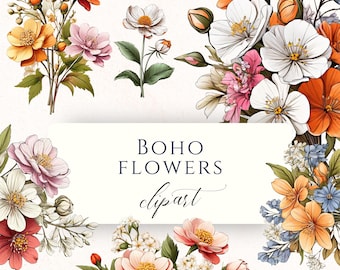Retro Boho Spring Flower Watercolor Clipart PNG, Simple Floral Graphics for Scrapbooking, Cardmaking and Paper Crafting