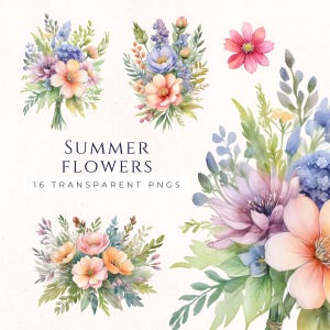 Ensemble de cliparts aquarelle bouquet de fleurs, fichiers PNG floraux, créations en papier, clipart, téléchargement immédiat, décoration de carte, scrapbooking