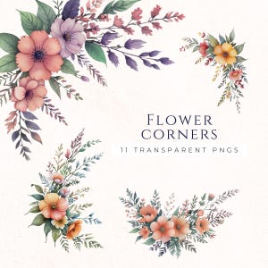 Conjunto de imágenes prediseñadas de esquinas florales, flores de acuarela PNG, decoración cottagecore, suministros para álbumes de recortes, descarga instantánea, diario basura