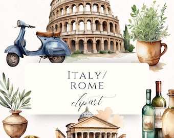 Puede incluir: Ilustración en acuarela con emblemáticos monumentos italianos. Incluye el Coliseo, una vespa azul y otros elementos de temática italiana. También se incluye el texto "ITALY/ROME clipart". 38 PNG transparentes.