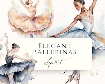Imágenes prediseñadas PNG de bailarina elegante en acuarela, gráficos de danza del ballet para álbumes de recortes, tarjetas y diarios creativos.