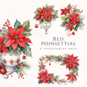 Poinsétia Vermelha Clip Art PNG, Imagens de Scrapbooking de Natal, Material de Artesanato de Inverno, Download Instantâneo, Gráficos de Natal