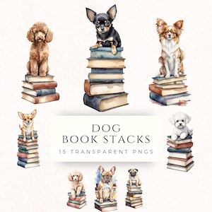 Bookstack Clipart, Dog on Books, Cardmaking Supply, Junk Journaling, Pet Clipart, Paper Crafting, Bookmarking Clip Art