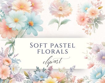 Soft Pastel Flower Watercolor Clipart PNG, Floral Graphics for Baby Shower Decor, Scrapbooking and Cardmaking