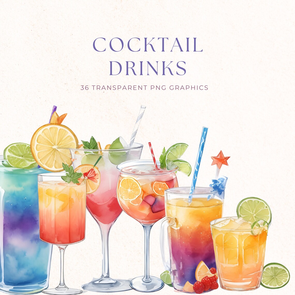 Colorful Summer Drinks Clip Art, Watercolor Cocktails, Instant Download ...