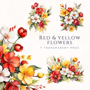 Kleurrijke bloem clipartset, gele en rode bloemen, florale decoraties, tuinliefhebber, lente clipart