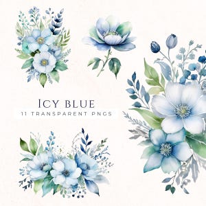 Clipart floral aquarelle bleu glacier, bouquet bleu glacier PNG, Illustrations de fleurs bleu clair, téléchargement immédiat, graphiques floraux