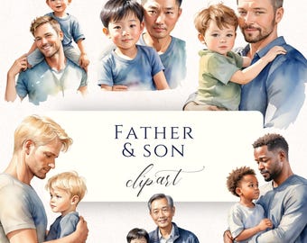 Father and Son Watercolor Clipart PNG, Daddy and Me Graphics for Father's Day Cards, Scrapbooking and Cardmaking