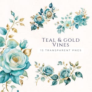 Teal Gold Rose Vine Clipart PNG, Bruiloft Decoratie, Voorraad Kaarten Maken, Scrapbookafbeeldingen, Journal Graphics, Paper Crafting