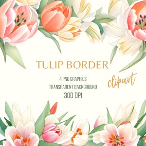 Tulip Borders Watercolor Clipart, Spring Flowers Clip Art, Flower Border Art, Tulips Clip Art, Digital Download, TUL004