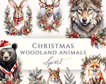Imágenes prediseñadas navideñas de animales del bosque en acuarela, lobo, zorro, conejo, ciervo, oso, conjunto PNG navideño, fondo transparente, uso comercial.
