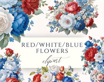 Imágenes prediseñadas florales en rojo, blanco y azul en formato PNG, gráficos de ramo de flores rococó, conjunto de acuarelas para el 4 de julio.