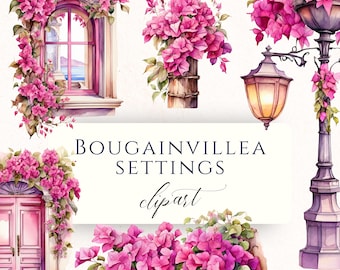 Bougainvillea Window Watercolor Clipart PNG, Pink Mediterranean Floral Graphics for Scrapbooking and Cardmaking, BOU005