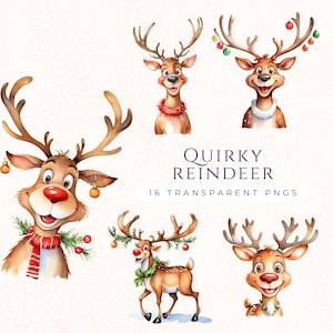 Schrullig, Rentier Clipart, Digitaler Download, PNG, Weihnachtsfeiertags-Grafik, Goofy Weihnachtshirsch Clipart, Kartenherstellungszubehör, Bastelzubehör