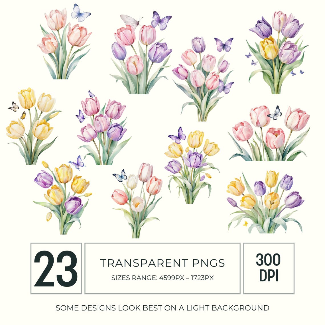 Butterfly and Tulip Watercolor Clipart PNG, Spring Easter Floral ...