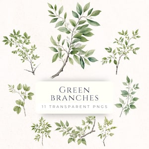Green Tree Branch Clipart, Watercolor Leaves Graphics, Instant Download PNG, Paper Crafting Supply, Commercial Use, Scrapbook Images, BRA006