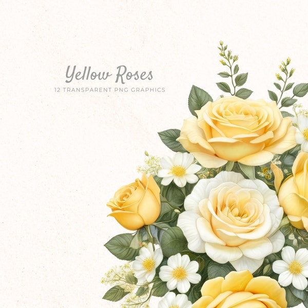 Soft Yellow Roses Clipart, Bouquet Floral Digital Art, Rose PNG Bundle, Soft Color Flower Illustration, Botanical Clip Art