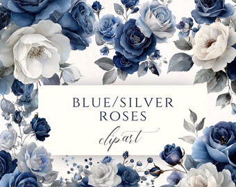 Conjunto de imágenes prediseñadas de rosas azules y plateadas en acuarela, descarga instantánea en formato PNG, gráficos para álbumes de recortes, imágenes florales, suministros para la creación de tarjetas.